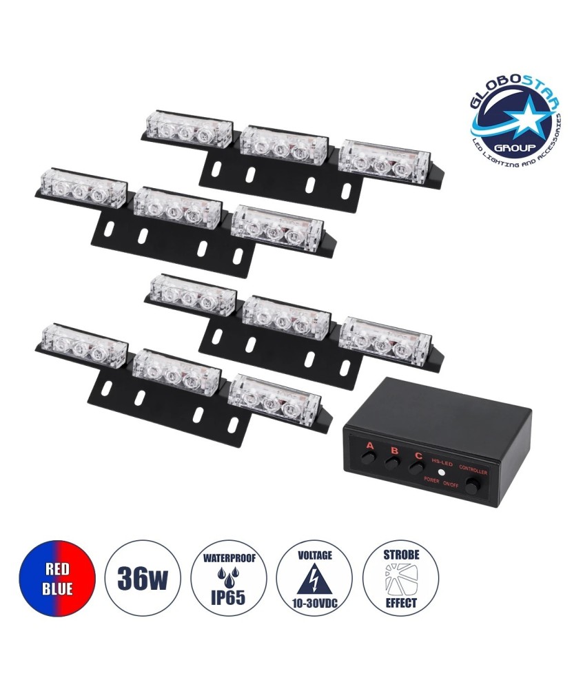 GloboStar® 85017 PRO Series ΣΕΤ 4 x 3 Μπάρες Σήμανσης Οχήματος Οδικής Βοήθειας για Αυτοκίνητα & Φορτηγά 3 Προγραμμάτων Φωτισμού STROBE LED HIGH POWER 36W DC 10-30V Αδιάβροχο IP65 Κόκκινο & Μπλε-  Μ18 x Π4.5 x Υ3cm - 2 Χρόνια Εγγύηση